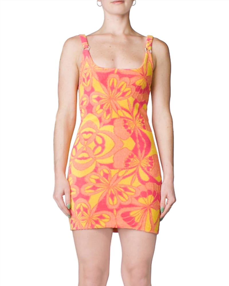Front of a model wearing a size L Open Back Terry Mini Dress in Pink Lemonade in Pink Lemonade by PRISCAVera. | dia_product_style_image_id:337185